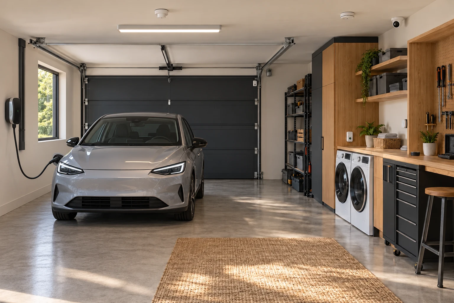Vue illustrative : garage avec véhicule électrique, borne de recharge, porte de garage, éclairage & présence, lave-linge & sèche-linge, caméra & détecteurs