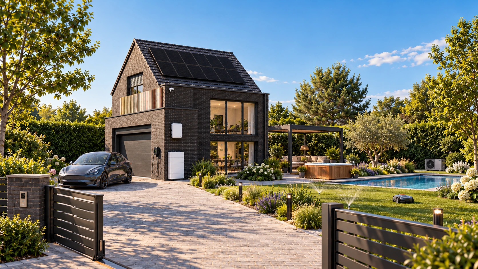 Maison équipée de panneaux solaires, batterie, recharge, volets, piscine et jardin connectés