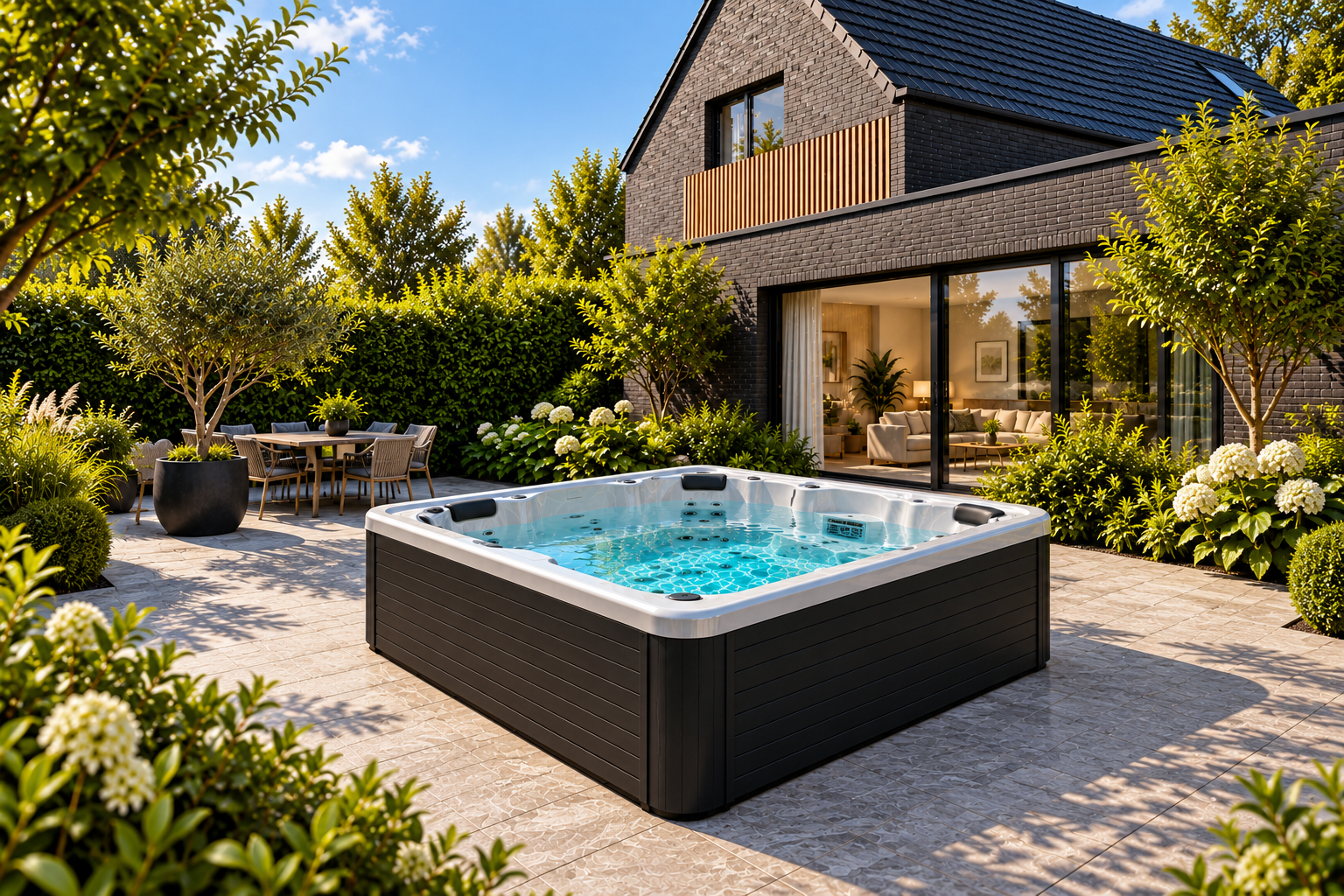Illustration panoramique de spa dans le jardin avec bassin, jets et buses visibles, cohérente avec l’univers de l’application.